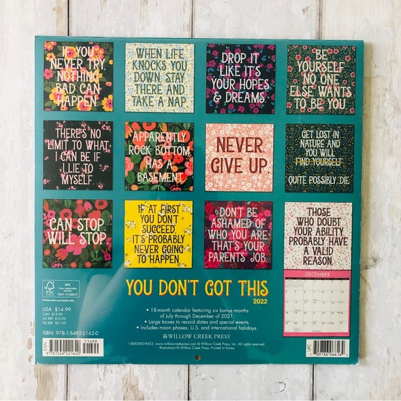 Floral Wall Calendar Demotivational You Don’t Got This 2022 12x12 Sealed - Picture 2 of 2